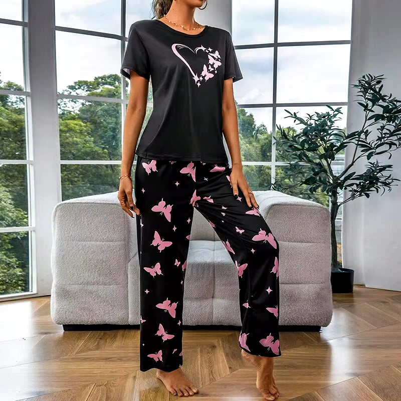 Women Pajamas Sets Sleepwear Summer 2 Pieces Pijama Short Sleeve Tops with Pants Set Butterfly Printing Pyjama Femme Loungewear