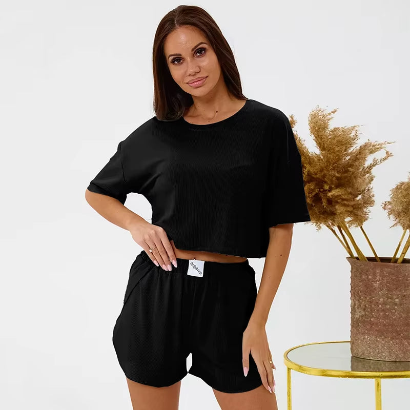Summer Women Pajama Sets T-Shirt+Shorts Two Pieces Suits Female Casual Loose Home Clothes Solid Color Nightwear Ladies Sleepwear