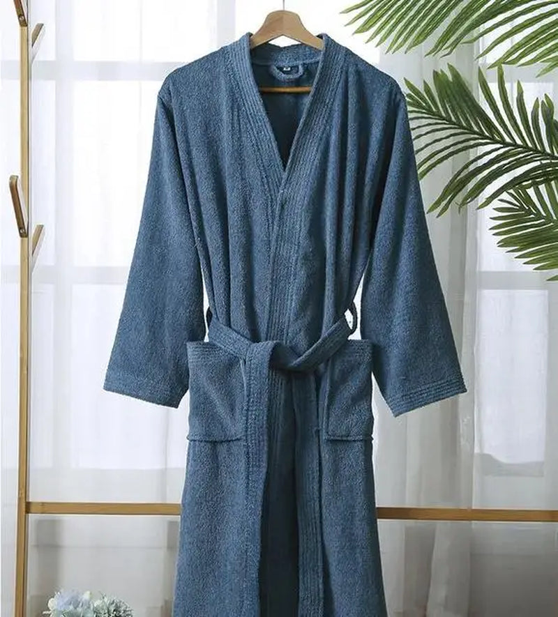 Women Towel Bathrobe 100%Cotton Long Thick Absorbent Terry Bath Robe Kimono Men Lightweight Waffle Solid Dressing Gown Sleepwear