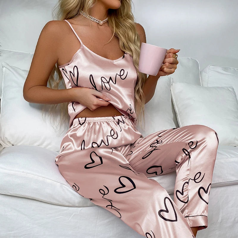 Women'S Pijamas Sexy Lingerie Silk Pajamas Set Sleepwear Satin Cami Vest with Trousers Nightwear Pyjama Femme Pijama Mujer Pj