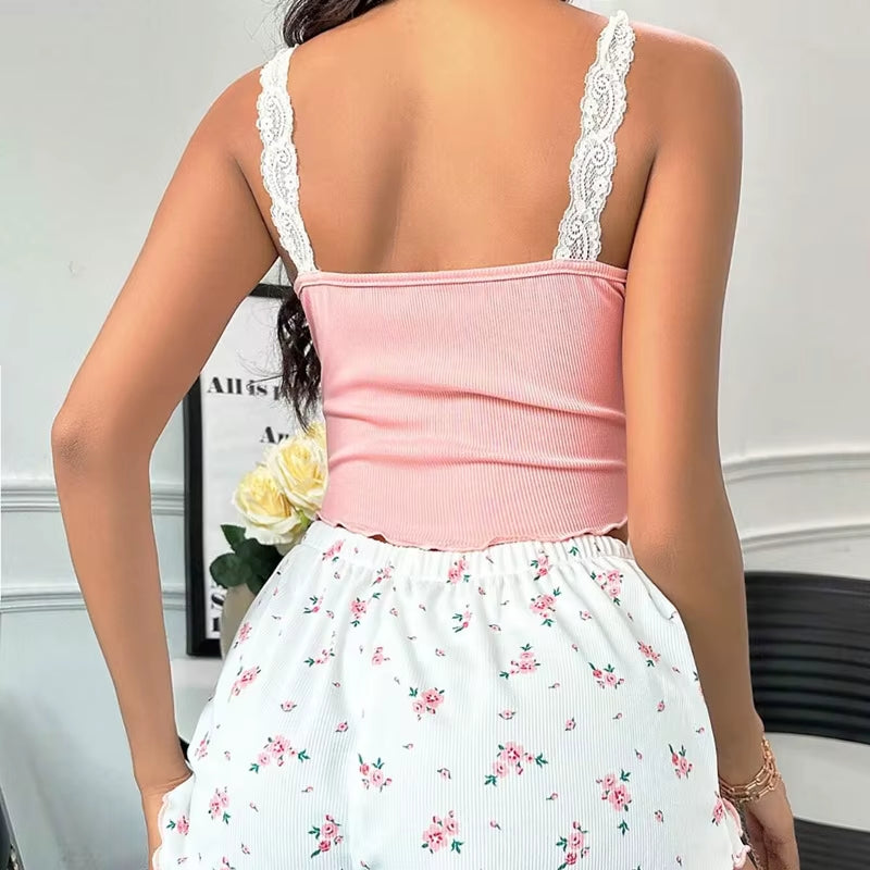 Pajama Set for Women Sleepwear Lace Patchwork V-Neck Sexy Nighties Suit Cami Top Printed Shorts Soft 2Psc Pyjamas Loungewear