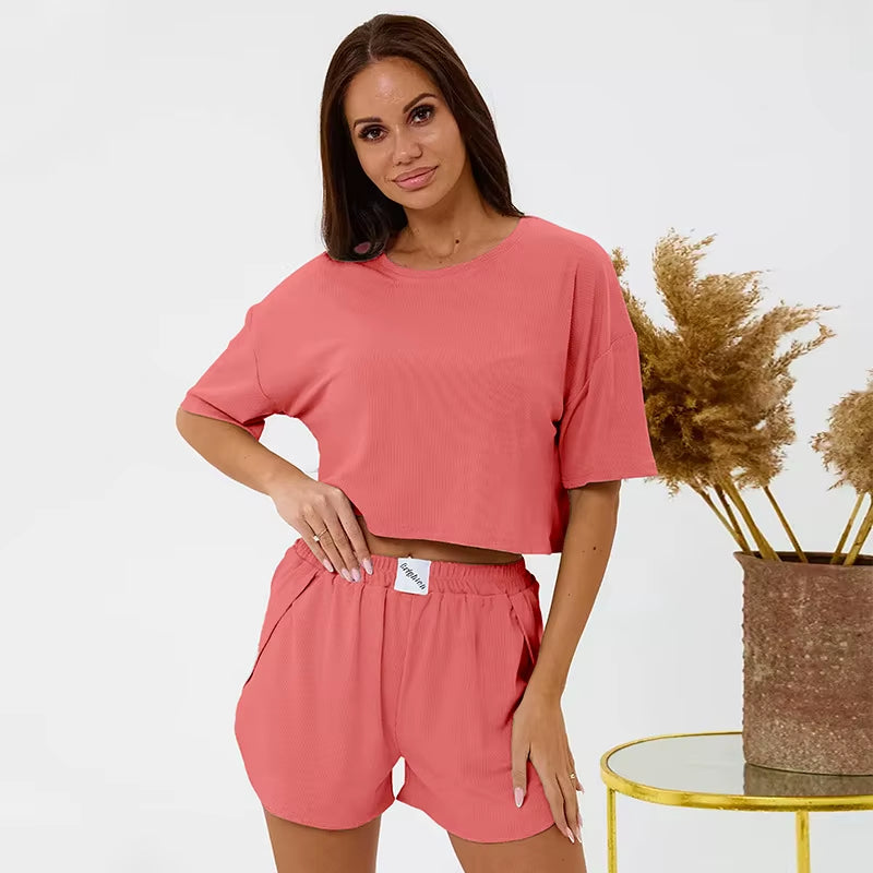 Summer Women Pajama Sets T-Shirt+Shorts Two Pieces Suits Female Casual Loose Home Clothes Solid Color Nightwear Ladies Sleepwear
