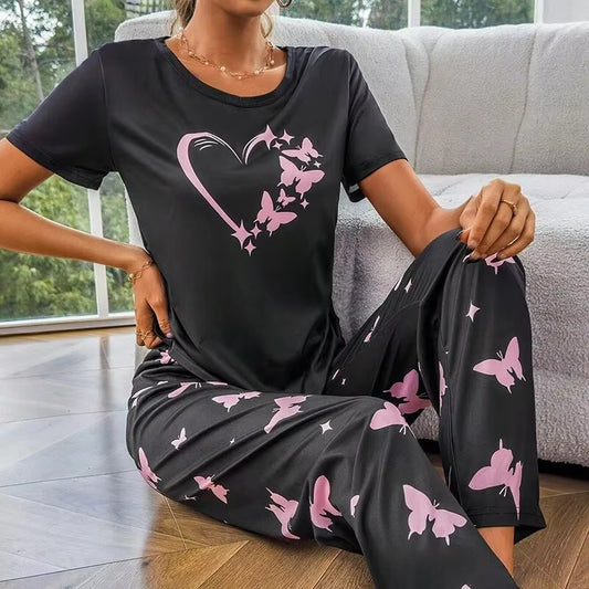 Women Pajamas Sets Sleepwear Summer 2 Pieces Pijama Short Sleeve Tops with Pants Set Butterfly Printing Pyjama Femme Loungewear
